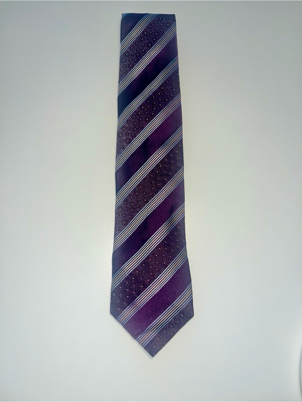 Paul Smith Purple Tie with Silver Diagonal Stripe and Purple Flower Detail